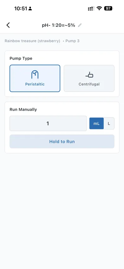 The Coltiva app's pump control screen, showing pump type and a manual dose amount with a Hold to Run button.